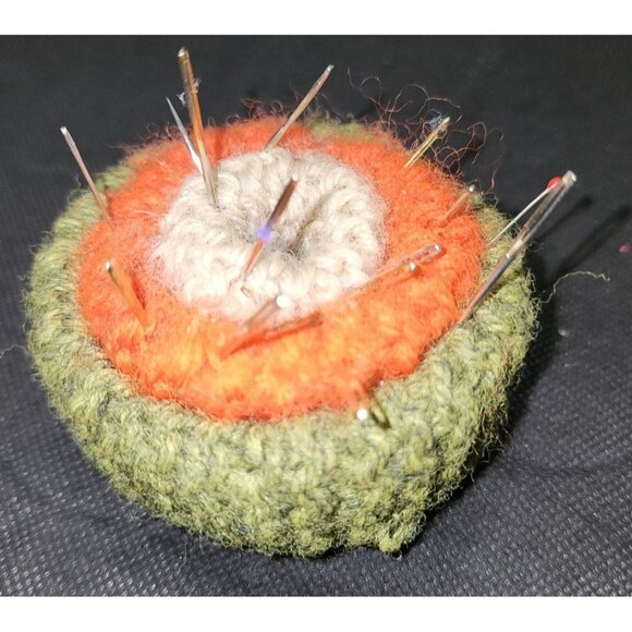 Vintage Handcrafted Crochet Pincushion W Needles Felt Base - Picture 2 of 5